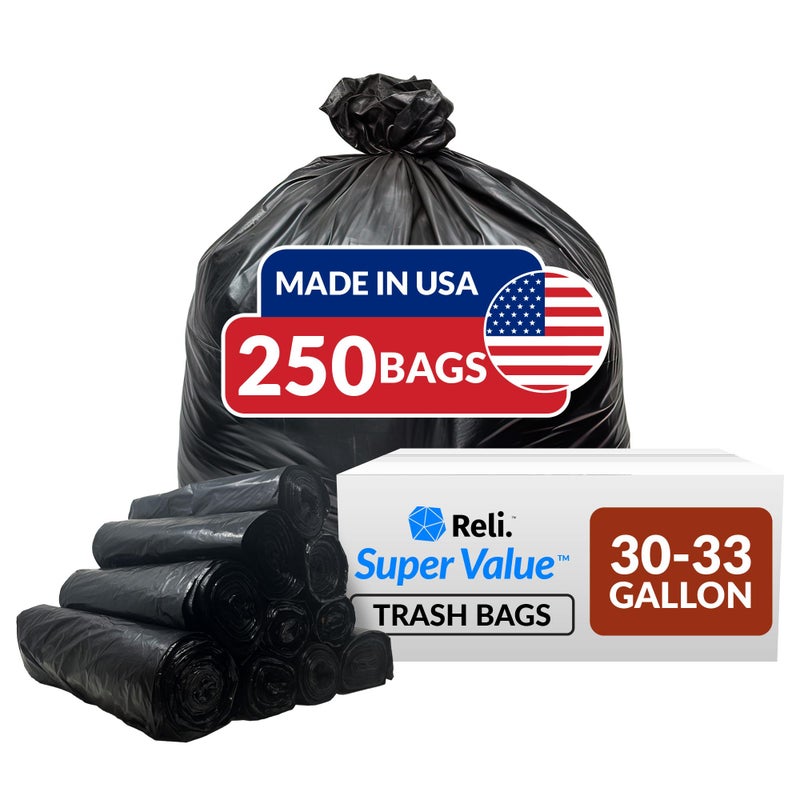 Reli. 30-33 Gallon Trash Bags Heavy Duty | 250 Count Bulk | Black Large Trash Bags 30+, 32 Gallon | Made in USA - Image 1