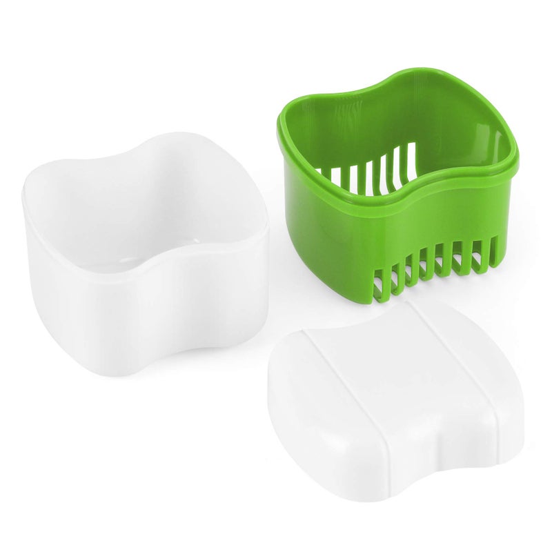 حافظة تنظيف أطقم الأسنان أنهوى جزئية كبيرة مع مصفاة، أكواب سفر من ABS لنقع الأطقم والأسنان الاصطناعية باللون الأخضر الفاتح