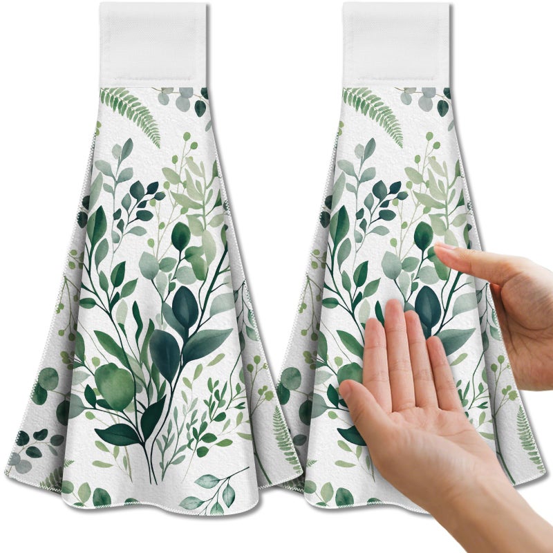 CUTHOLLOW Watercolor Green Leaves Hanging Kitchen Towels with Loop, Set of 2 - Soft & Super Absorbent Microfiber Decorative Hanging Dish & Hand Towel, Tea Coffee Towel for Kitchen Bathroom Oven Handle - Image 1