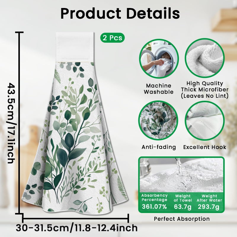CUTHOLLOW Watercolor Green Leaves Hanging Kitchen Towels with Loop, Set of 2 - Soft & Super Absorbent Microfiber Decorative Hanging Dish & Hand Towel, Tea Coffee Towel for Kitchen Bathroom Oven Handle - Image 2