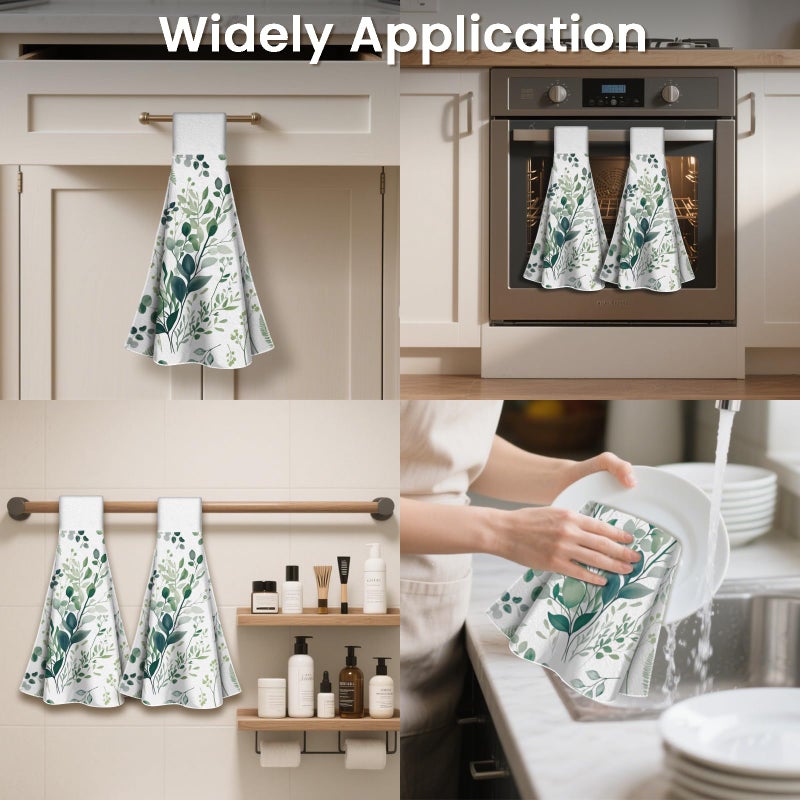 CUTHOLLOW Watercolor Green Leaves Hanging Kitchen Towels with Loop, Set of 2 - Soft & Super Absorbent Microfiber Decorative Hanging Dish & Hand Towel, Tea Coffee Towel for Kitchen Bathroom Oven Handle - Image 4