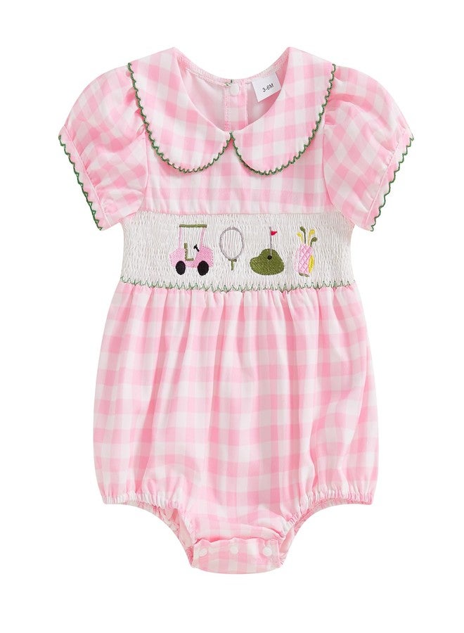 Lenjindjer Newborn Baby Girl Golf Outfit Smocked Fly Sleeve Golf Cart Embroidery Bubble Romper Infant Summer Bodysuit T-shirt (Pink, 3-6 Months) - Image 1