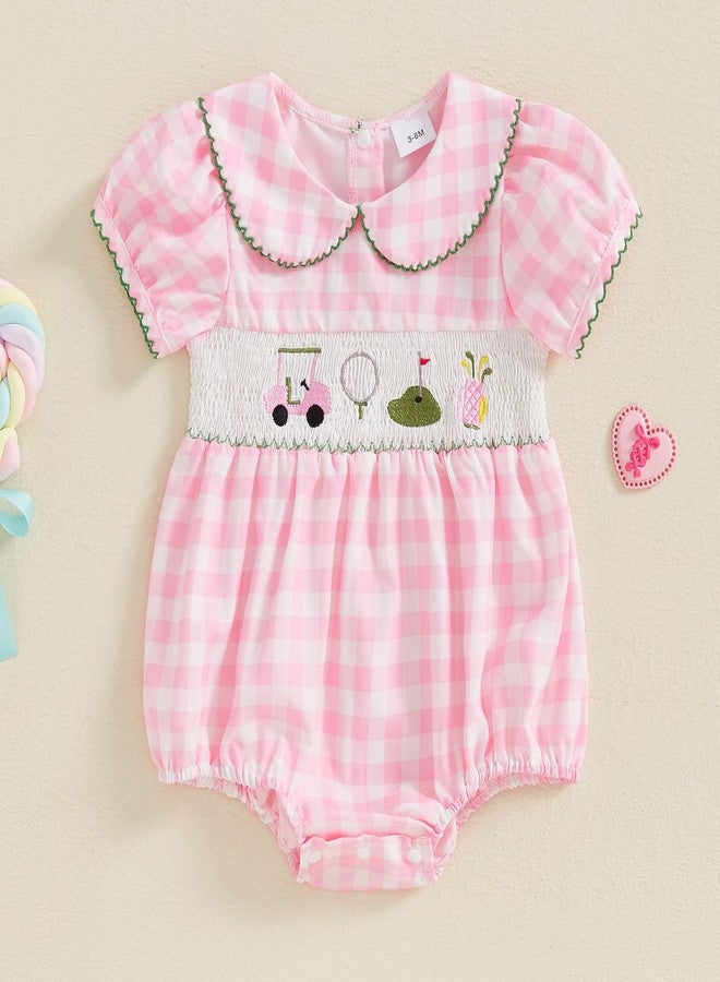 Lenjindjer Newborn Baby Girl Golf Outfit Smocked Fly Sleeve Golf Cart Embroidery Bubble Romper Infant Summer Bodysuit T-shirt (Pink, 3-6 Months) - Image 2