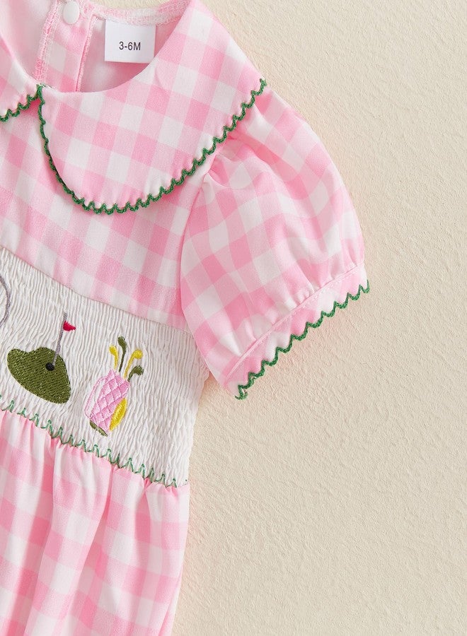 Lenjindjer Newborn Baby Girl Golf Outfit Smocked Fly Sleeve Golf Cart Embroidery Bubble Romper Infant Summer Bodysuit T-shirt (Pink, 3-6 Months) - Image 4