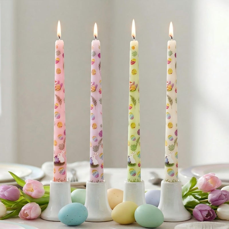 FYBW 4 Pack Easter Printed Taper Candles, 10 Inch Tall Tapered Candles with Bunny & Egg Designs for Easter Dinner Table Home Party Decor - Image 1