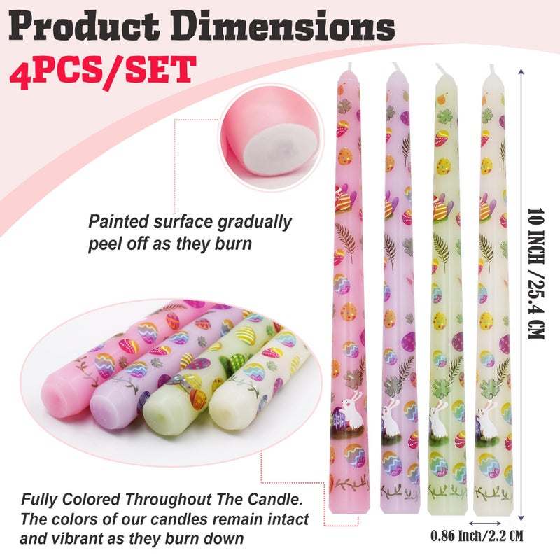 FYBW 4 Pack Easter Printed Taper Candles, 10 Inch Tall Tapered Candles with Bunny & Egg Designs for Easter Dinner Table Home Party Decor - Image 3