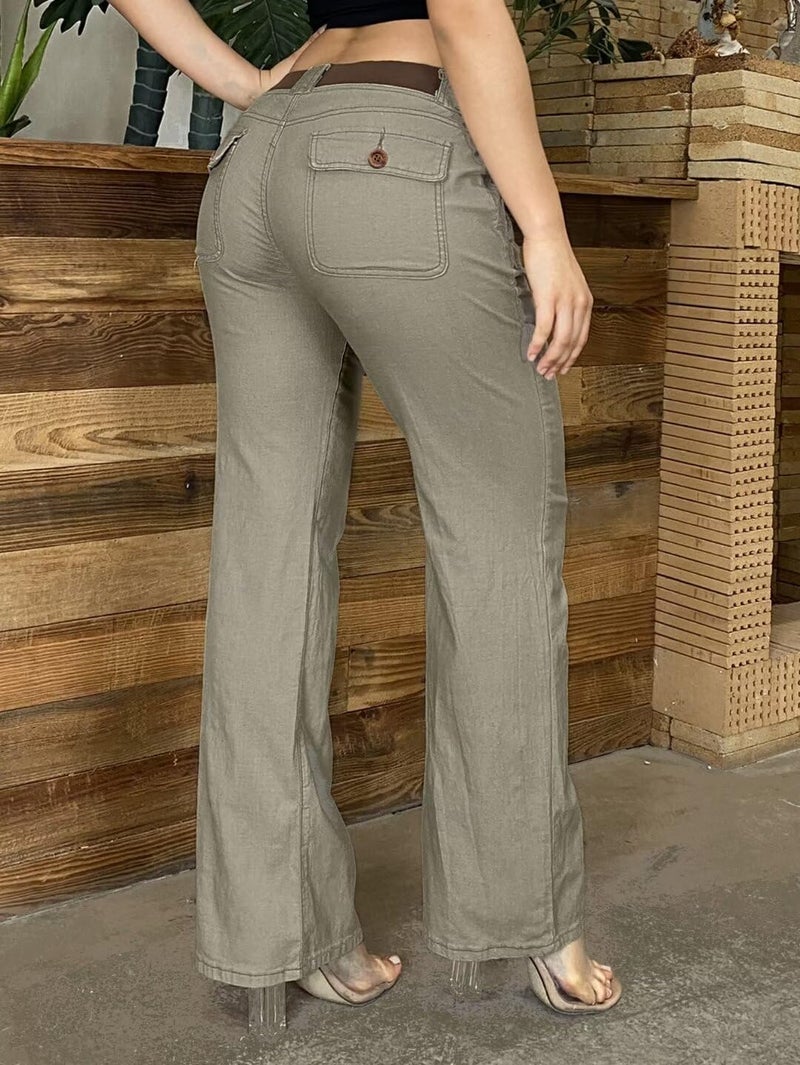 Flamingals Low Rise Cargo Wide Leg Pants for Women Drawstring Flap Pockets Y2K Bow Tie Casual Flare Pants Khaki L - Image 5