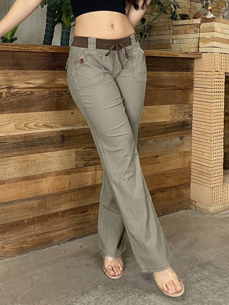 Flamingals Low Rise Cargo Wide Leg Pants for Women Drawstring Flap Pockets Y2K Bow Tie Casual Flare Pants Khaki L - Image 3