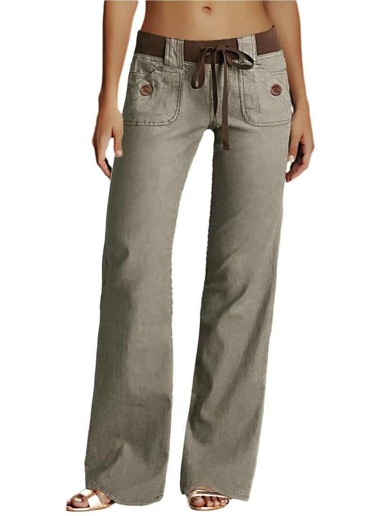 Flamingals Low Rise Cargo Wide Leg Pants for Women Drawstring Flap Pockets Y2K Bow Tie Casual Flare Pants Khaki L - Image 1