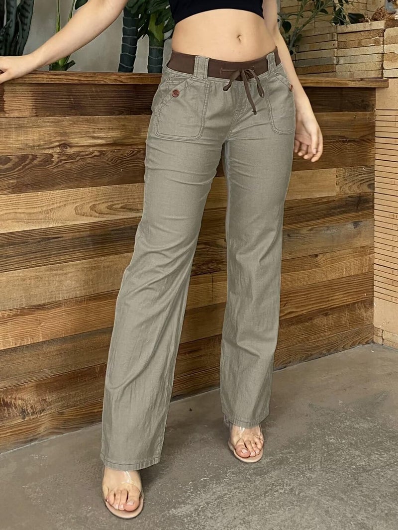 Flamingals Low Rise Cargo Wide Leg Pants for Women Drawstring Flap Pockets Y2K Bow Tie Casual Flare Pants Khaki L - Image 2