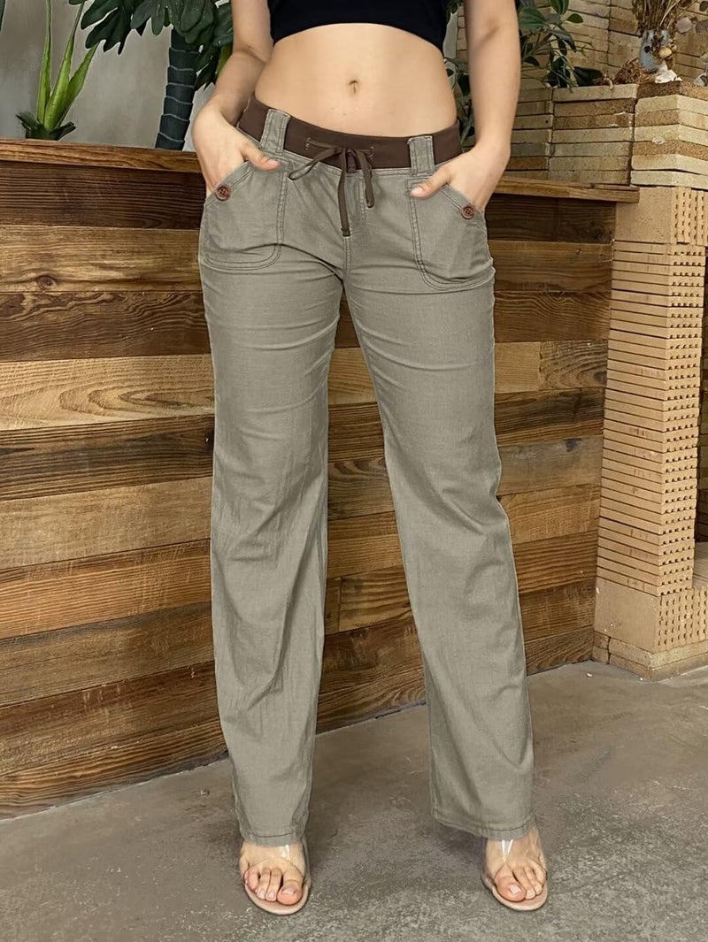 Flamingals Low Rise Cargo Wide Leg Pants for Women Drawstring Flap Pockets Y2K Bow Tie Casual Flare Pants Khaki L - Image 4