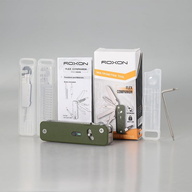 ROXON S503G 9 in 1 Mini Multi Tool EDC Pocket Knife Multitool with G10 Handle,Scissors,Screwdriver,Threader,Awl, Flat Screwdriver,Ruler,Tweezers for Outdoors Fishing Camping,Gifts for Men (Green) - Image 4