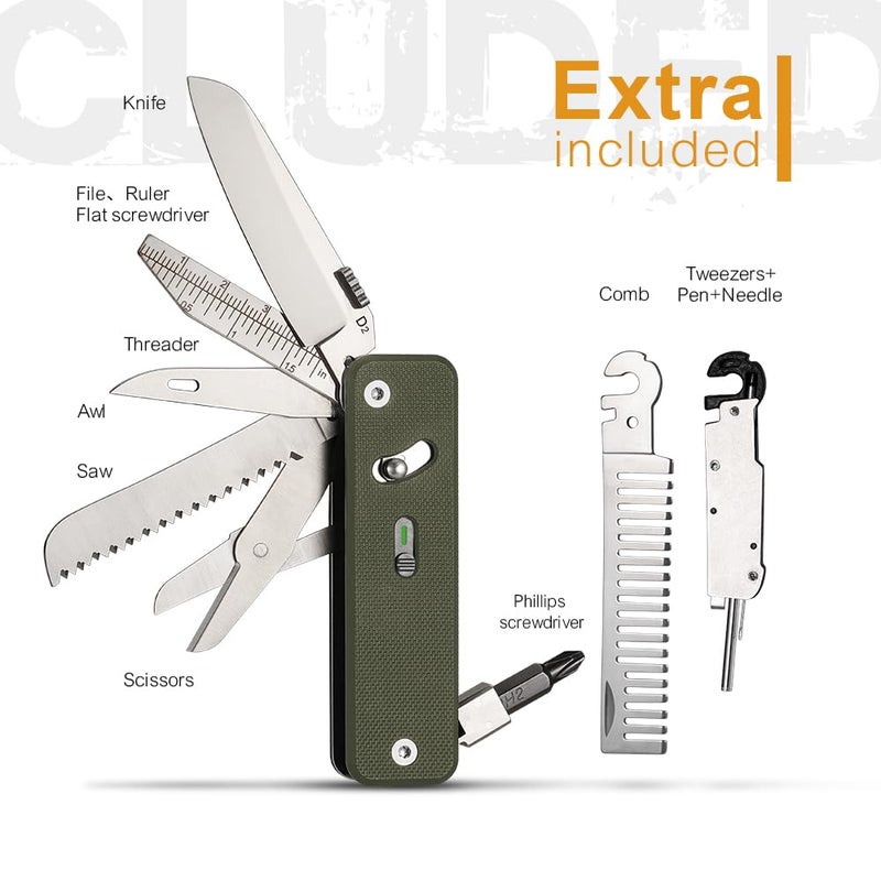 ROXON S503G 9 in 1 Mini Multi Tool EDC Pocket Knife Multitool with G10 Handle,Scissors,Screwdriver,Threader,Awl, Flat Screwdriver,Ruler,Tweezers for Outdoors Fishing Camping,Gifts for Men (Green) - Image 2