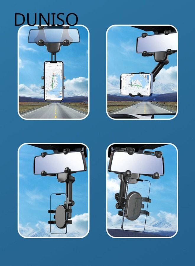 DUNISO Rearview Mirror Phone Holder for Car-360° Rotatable and Retractable Car Phone Holder with Adjustable Length Upgraded Multifunctional Rearview Mirror Phone Holder for All Mobile Phones and All Car - Image 2
