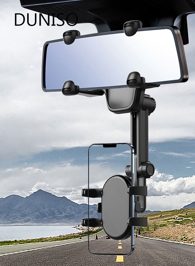 DUNISO Rearview Mirror Phone Holder for Car-360° Rotatable and Retractable Car Phone Holder with Adjustable Length Upgraded Multifunctional Rearview Mirror Phone Holder for All Mobile Phones and All Car - Image 1