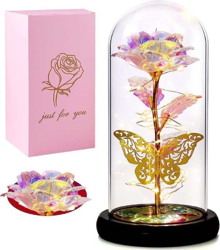 SHREESHANN Rose Flower Gift Forever Rainbow Rose in Glass Dome Light Up Rose Flower Gifts for Girlfriend Mom Sisters Women Valentines Day Birthday Wedding Anniversary Pack Of 1 - Image 1