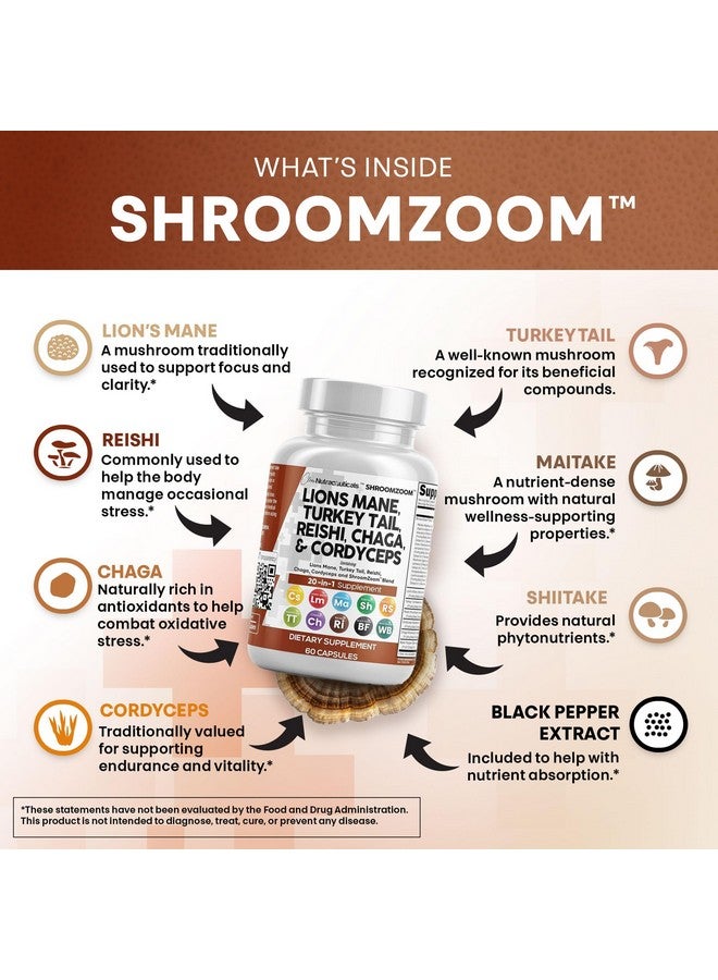 Clean Nutraceuticals مكمل فطر ليوينز مان 20 في 1 من كلين نيوتراسيتيكالز مع ذيل الديك الرومي، ريشى، كورديسيبس، تشاجا، مايتاكي، ميشيم، بورتيا كوكوس، شيتاكي، أويستر، بورشيني، إينوكي - عبوة - Image 3