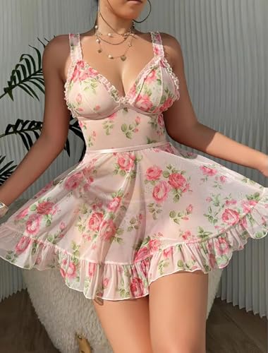 GirlFriend Women Printed Lingerie Babydoll Nightwear Chemise Nightie Bodysuit Lingerie First Night Honeymoon Mini Nightdress Sheer mesh with Panty Pink - Image 2