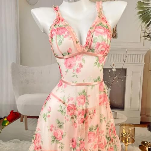 GirlFriend Women Printed Lingerie Babydoll Nightwear Chemise Nightie Bodysuit Lingerie First Night Honeymoon Mini Nightdress Sheer mesh with Panty Pink - Image 3
