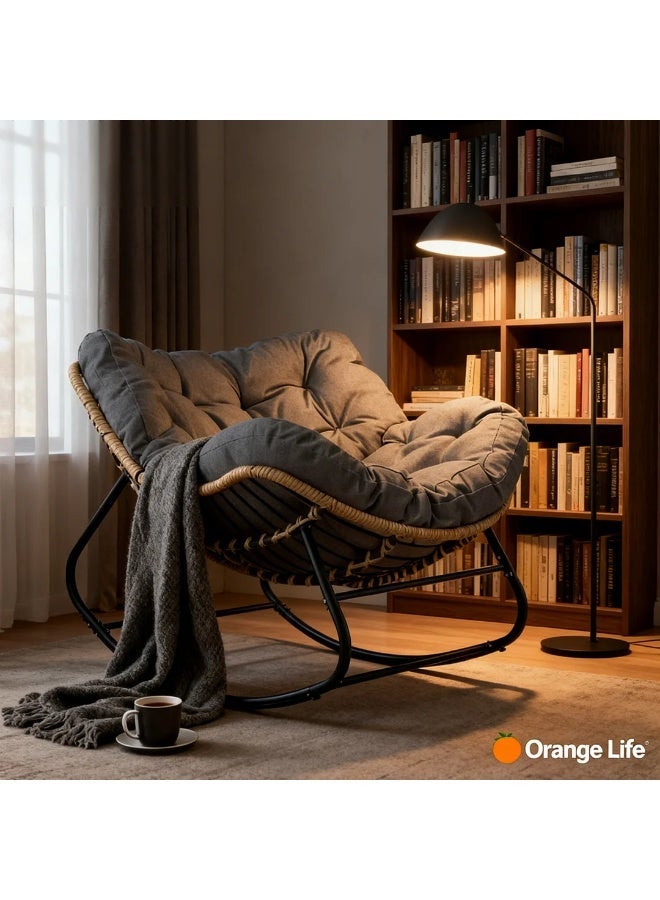 Orange Life Rocking Chair Outdoor Indoor Lounge Chair Wicker Rocking Chair Patio Rocker Chair Rattan Rocking Chair Modern Accent Rocker Chair Oversized Papasan Rocking Chair Cushioned Rocking Lounge Chair Patio Furniture for Living Room Balcony Garden - Image 5