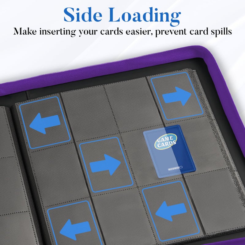 Fabmaker Premium Zip Card Binder 12 Pocket, Fabmaker 912 Pockets Trading Card Binder, PU Zipper Card Collection Album, Sturdy Side-Loading Card Book Holder for Game & Sports Cards, Purple - Image 5