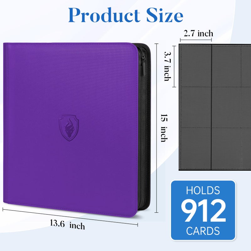 Fabmaker Premium Zip Card Binder 12 Pocket, Fabmaker 912 Pockets Trading Card Binder, PU Zipper Card Collection Album, Sturdy Side-Loading Card Book Holder for Game & Sports Cards, Purple - Image 3