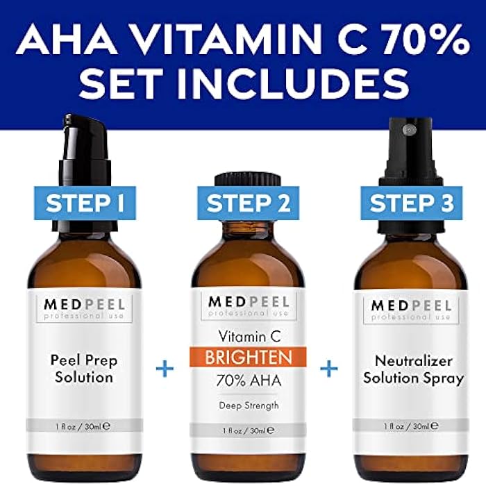 Medpeel مجموعة تقشير كيميائي في المنزل من ميدبيل 70% AHA وفيتامين C لتفتيح البشرة، تشمل التقشير، التحضير، المحايد، تقشير الوجه الكيميائي الاحترافي بعمق، يقلل من بقع العمر، 1 أونصة/30 مل - Image 3