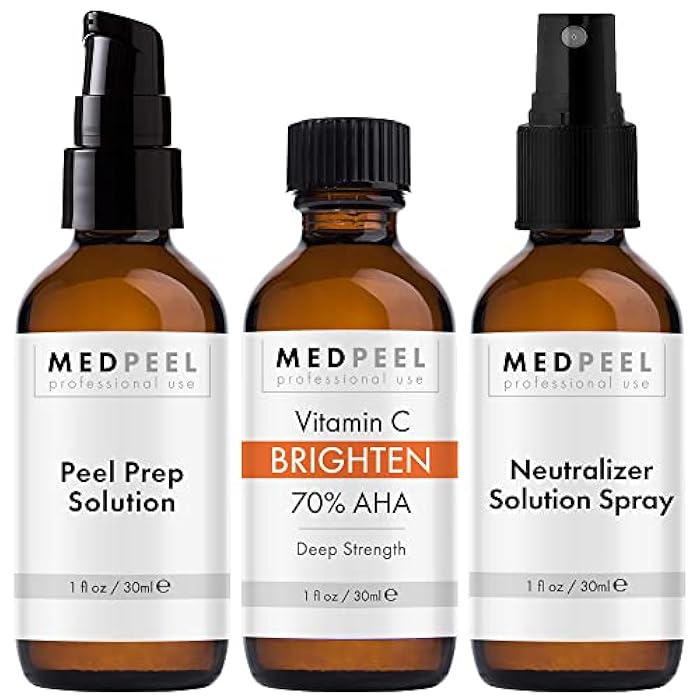 Medpeel مجموعة تقشير كيميائي في المنزل من ميدبيل 70% AHA وفيتامين C لتفتيح البشرة، تشمل التقشير، التحضير، المحايد، تقشير الوجه الكيميائي الاحترافي بعمق، يقلل من بقع العمر، 1 أونصة/30 مل - Image 1