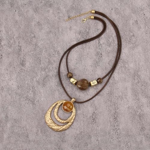 joymiao Chunky Boho Pendant Necklace for Women Double Layer Gold Vintage Long Ethnic Casual Bohemian Large Pendant Necklaces - Image 4