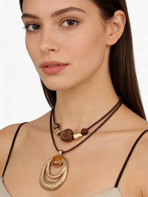 joymiao Chunky Boho Pendant Necklace for Women Double Layer Gold Vintage Long Ethnic Casual Bohemian Large Pendant Necklaces - Image 2