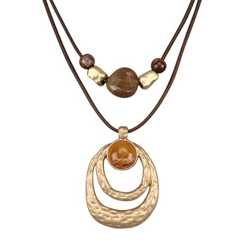 joymiao Chunky Boho Pendant Necklace for Women Double Layer Gold Vintage Long Ethnic Casual Bohemian Large Pendant Necklaces - Image 1