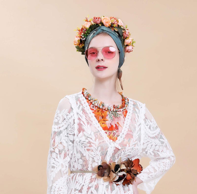 LLinfflr Boho Flower Crown Flower Garland Headband Hair Wreath Floral Halo Headpiece Wedding Party Photos Orange - Image 3