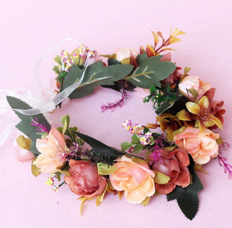 LLinfflr Boho Flower Crown Flower Garland Headband Hair Wreath Floral Halo Headpiece Wedding Party Photos Orange - Image 4