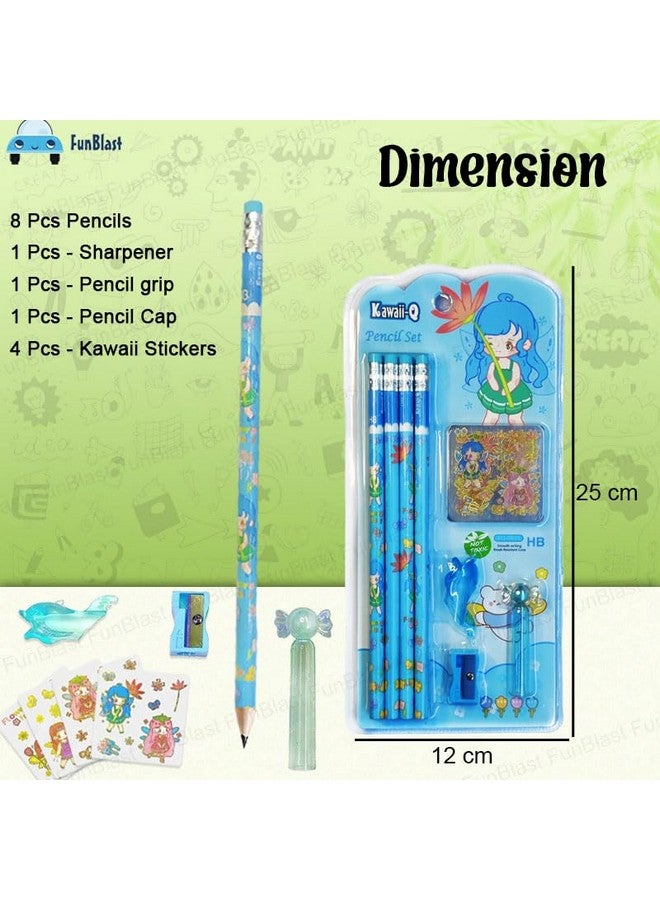 FunBlast FunBlast Flower Fairy Pencil Set - 8 Pcs Pencils with 12 Kawaii Stickers, Sharpener, Erasers and Pencil Cap for Kids, Boys and Girls, Kawaii Stationary Set, Birthday Return Gift (Sky Blue)  - Image 2
