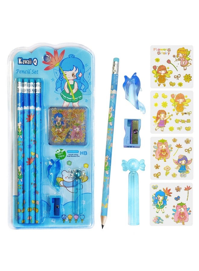 FunBlast FunBlast Flower Fairy Pencil Set - 8 Pcs Pencils with 12 Kawaii Stickers, Sharpener, Erasers and Pencil Cap for Kids, Boys and Girls, Kawaii Stationary Set, Birthday Return Gift (Sky Blue)  - Image 1