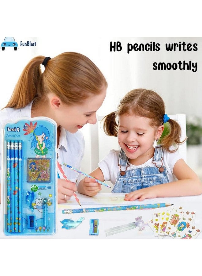 FunBlast FunBlast Flower Fairy Pencil Set - 8 Pcs Pencils with 12 Kawaii Stickers, Sharpener, Erasers and Pencil Cap for Kids, Boys and Girls, Kawaii Stationary Set, Birthday Return Gift (Sky Blue)  - Image 5