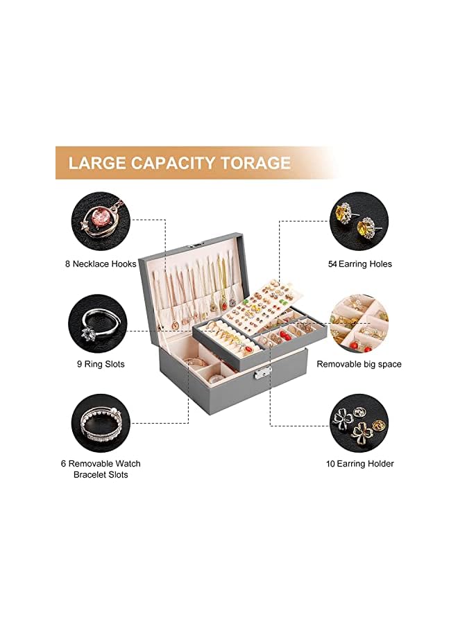 Antole Jewelry Box for Women Girls,2 Layer Jewelry Organizer with Removable Tray Display, PU Leather Display Jewellery Holder for Earring, Ring, Bracelet, Necklace (Grey) - Image 3