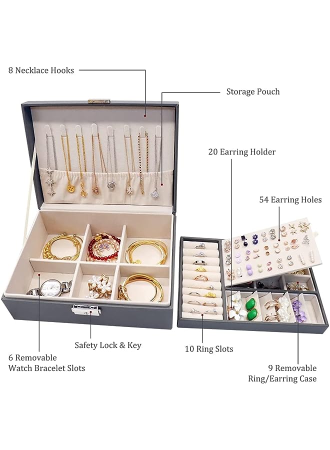 Antole Jewelry Box for Women Girls,2 Layer Jewelry Organizer with Removable Tray Display, PU Leather Display Jewellery Holder for Earring, Ring, Bracelet, Necklace (Grey) - Image 2