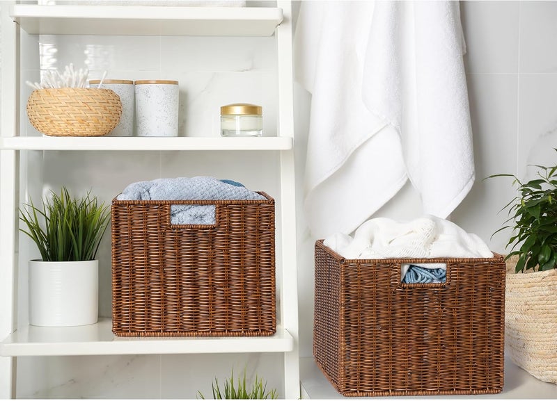DINGTAI Wicker Storage Basket - Large 12x12x10in Cube, Woven Wicker for Shelves, Pantry, Kitchen & Bathroom Organization (Brown) - Image 5
