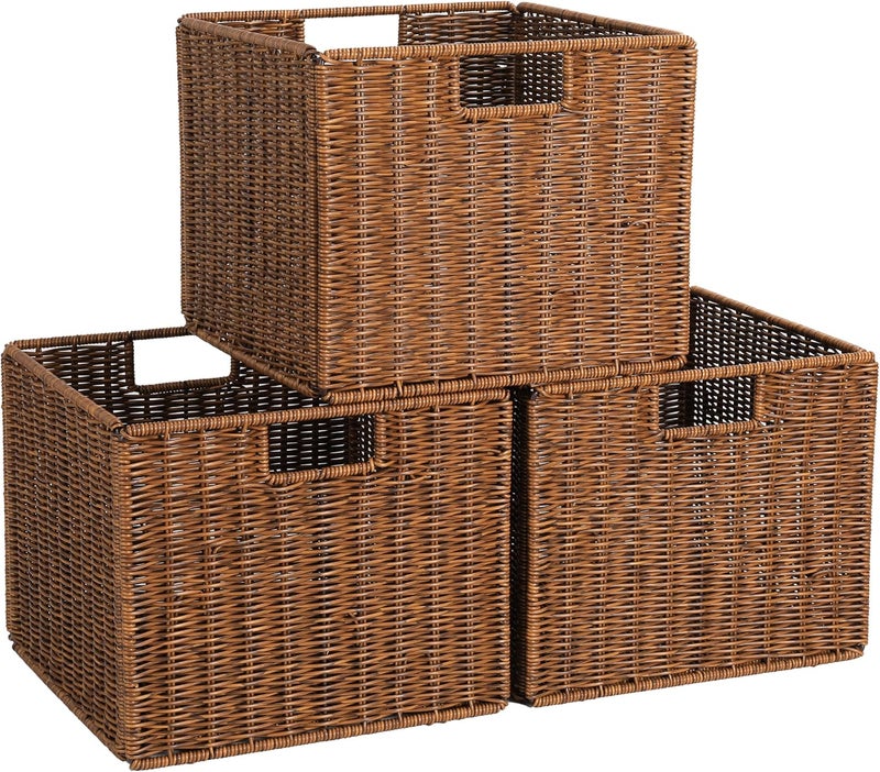 DINGTAI Wicker Storage Basket - Large 12x12x10in Cube, Woven Wicker for Shelves, Pantry, Kitchen & Bathroom Organization (Brown) - Image 1