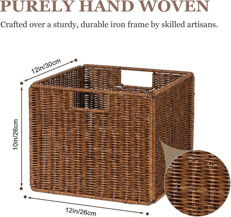 DINGTAI Wicker Storage Basket - Large 12x12x10in Cube, Woven Wicker for Shelves, Pantry, Kitchen & Bathroom Organization (Brown) - Image 3