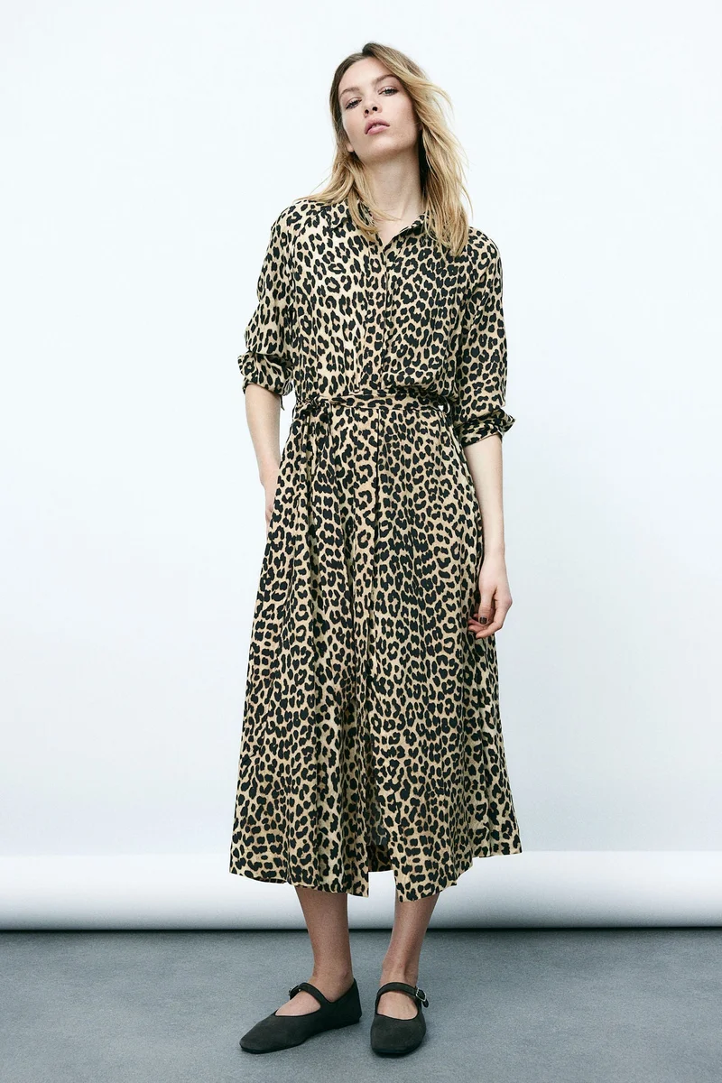 اتش اند ام Tie-belt viscose shirt dress