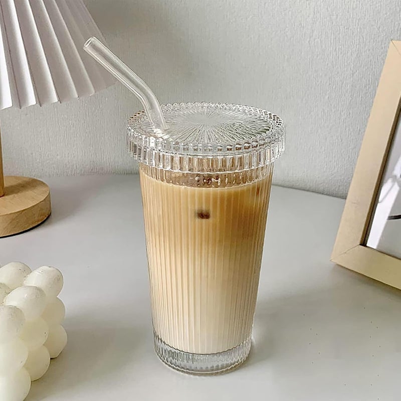 YAHUIPEIUS Flexible purchase choices Glass Tumbler Stripe Glass Cup Coffee Cup With Lid and Straw Drinking Glasses for Water,Iced Coffee,Milk,Tea,Juice (A-Stripe) Repeated use trusted quality - Image 1