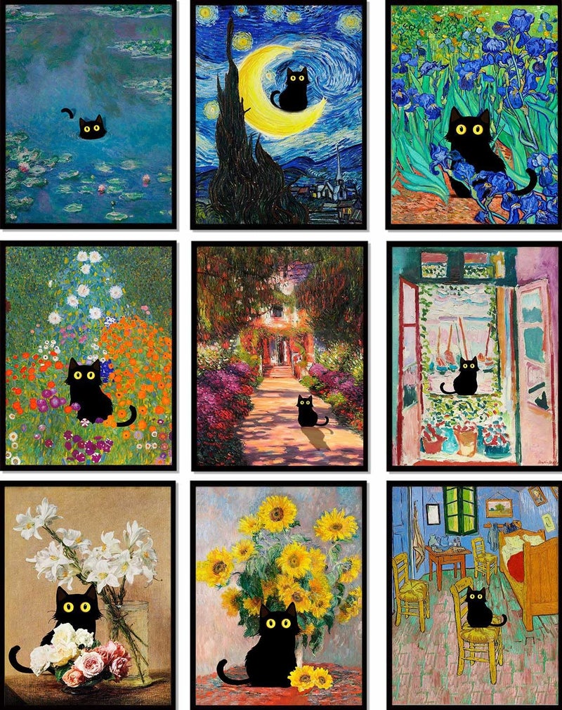 LOARTVE 9Pcs Funny Black Cat Wall Art Cats in Famous Paintings Posters Prints Vintage Gallery Wall Decor Pictures Eclectic Cute Preppy Aesthetic Room Decor Unframed - Image 1