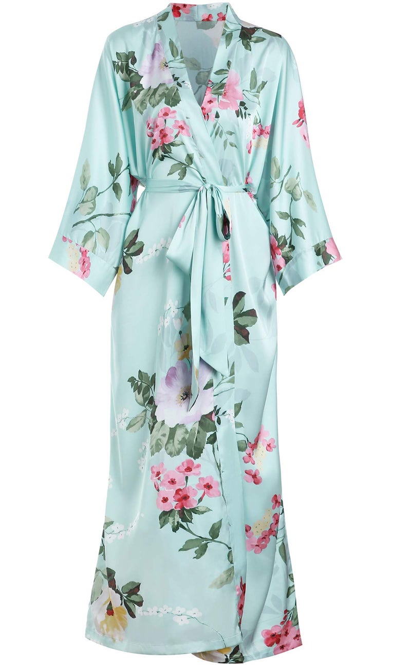 Aensso long soft silk y kimono robes for women, teal floral plum lightweight bridal bridesmaid robe for wedding party - Image 1