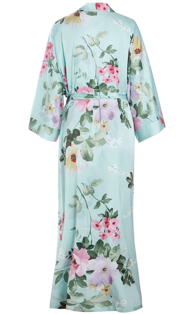 Aensso long soft silk y kimono robes for women, teal floral plum lightweight bridal bridesmaid robe for wedding party - Image 2