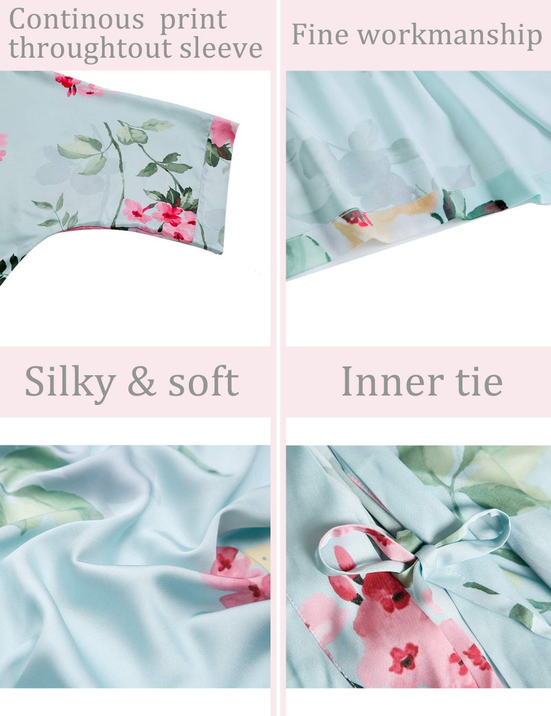 Aensso long soft silk y kimono robes for women, teal floral plum lightweight bridal bridesmaid robe for wedding party - Image 3
