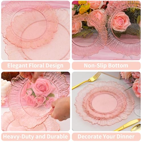 ISFANGCO 60Pcs Premium Pink Floral Plastic Plates, Fancy Clear Glitter Pink Disposable Plate, Christmas Plates, Heavy Duty Plastic Plato include 30 10" Dinner & 30 7.5" Dessert Plato for Wedding - Image 5