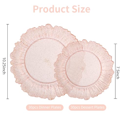 ISFANGCO 60Pcs Premium Pink Floral Plastic Plates, Fancy Clear Glitter Pink Disposable Plate, Christmas Plates, Heavy Duty Plastic Plato include 30 10" Dinner & 30 7.5" Dessert Plato for Wedding - Image 2