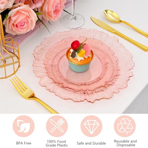 ISFANGCO 60Pcs Premium Pink Floral Plastic Plates, Fancy Clear Glitter Pink Disposable Plate, Christmas Plates, Heavy Duty Plastic Plato include 30 10" Dinner & 30 7.5" Dessert Plato for Wedding - Image 4